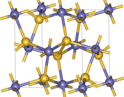 Crystal structure of pyrite. In the center of the cell a S22− pair is seen in yellow.