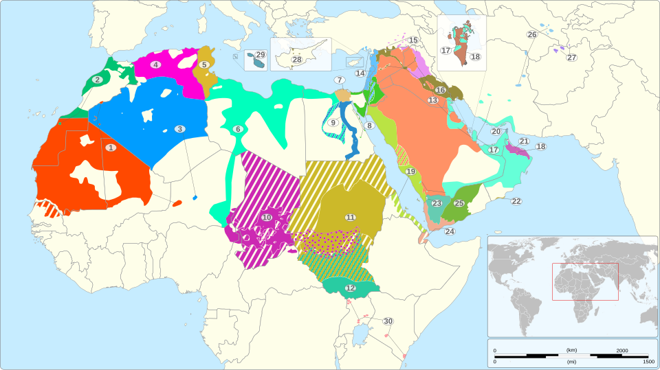 Geographical distribution of the varieties of Arabic per Ethnologue and other sources: 1: Hassaniyya 2: Moroccan Arabic 3: Algerian Saharan Arabic 4: Algerian Arabic 5: Tunisian Arabic 6: Libyan Arabic – Western Egyptian Bedawi Arabic 7: Egyptian Arabic 8: Eastern Egyptian Bedawi Arabic 9: Saidi Arabic 10: Chadian Arabic 11: Sudanese Arabic 12: Sudanese Creole Arabic 13: Najdi Arabic 14: Levantine Arabic 15: North Mesopotamian Arabic 16: Mesopotamian Arabic 17: Gulf Arabic 18: Baharna Arabic 19: Hijazi Arabic 20: Shihhi Arabic 21: Omani Arabic 22: Dhofari Arabic 23: Sanaani Arabic 24: Ta'izzi-Adeni Arabic 25: Hadrami Arabic 26: Uzbeki Arabic 27: Tajiki Arabic 28: Cypriot Arabic 29: Maltese 30: Nubi Sparsely populated area or no indigenous Arabic speakersSolid area fill: variety natively spoken by at least 25% of the population of that area or variety indigenous to that area onlyHatched area fill: minority scattered over the areaDotted area fill: speakers of this variety are mixed with speakers of other Arabic varieties in the area