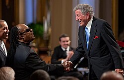 Greeting Stevie Wonder at the White House on February 25, 2009