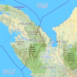 Map of the Darién Gap and the break in the Pan-American Highway between Yaviza, Panama and Turbo, Colombia