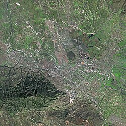 Skopje as seen by the SPOT satellite. Mount Vodno is visible on the bottom left of the picture.