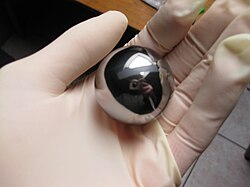A hollow beryllium sphere used in a gyrocompass of the Boeing B-52 Stratofortress aircraft[119]