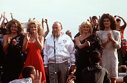 Entertainers during a Christmas Eve USO show in 1983 on board the USS New Jersey off the coast of Beirut, Lebanon. (left to right) Miss USA Julie Hayek, Cathy Lee Crosby, Bob Hope, Ann Jillian and Brooke Shields.