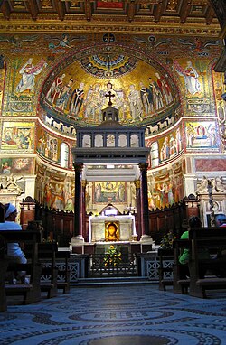 Interior of the basilica of Santa Maria in Trastevere, one of the most beautiful Roman churches built or re-built in the Middle Ages