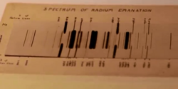 Emission spectrum of radon-222 (radium emanation), photographed by Ernest Rutherford in 1908. Numbers at the side of the spectrum are wavelengths. The middle spectrum is of radon-222, while the outer two are of helium (added to calibrate the wavelengths).