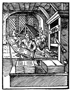 This woodcut from 1568 shows the left printer removing a page from the press while the one at the right inks the text blocks. Such a duo could reach 14,000 hand movements per working day, printing around 3,600 pages in the process.[3]