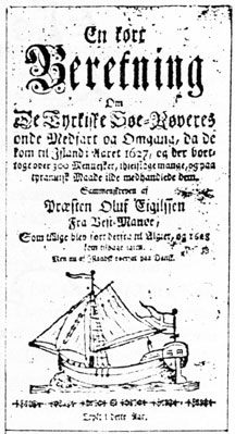 Title page of the book by Ólafur Egilsson, who was captured by Barbary corsairs in 1627