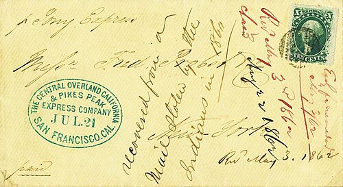 Stolen Pony Express mail. Notation on the cover reads "recovered from a mail stolen by the Indians in 1860" and bears a New York back stamp of May 3, 1862, the date when it was finally delivered in New York. The cover is also franked with the U.S. Postage issue of 1847, Washington, 10c black.[46]