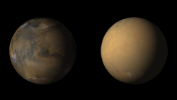 Comparison of Mars with and without the dust storm that caused the end of the Opportunity rover, taken by MARCI in 2018