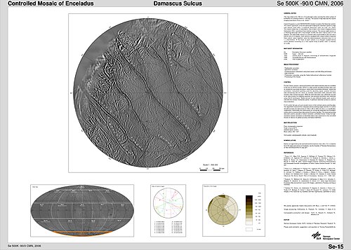 An atlas of Enceladus's south pole quadrangle, which is dominated by the tiger stripes