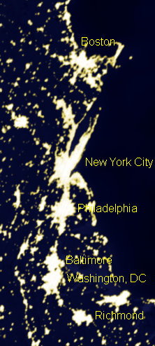 This picture shows the metropolitan areas of the Northeast Megalopolis of the United States demonstrating urban sprawl, including far-flung suburbs and exurbs illuminated at night.