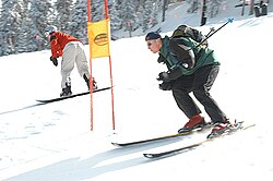 A snowboarder and a skier