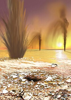 Artist concept showing sand-laden jets erupting from Martian geysers (published by NASA; artist: Ron Miller)