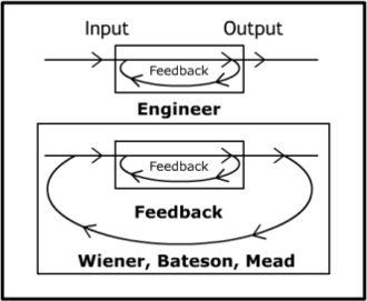 Diagram from Stewart Brand's 1976 conversation with Margaret Mead and Gregory Bateson, noting that they and Norbert Wiener understood themselves as participant observers in contrast to the detached "input-output" approach typical of engineering