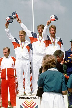 A medal ceremony during the 1987 Pan American Games in Indianapolis.