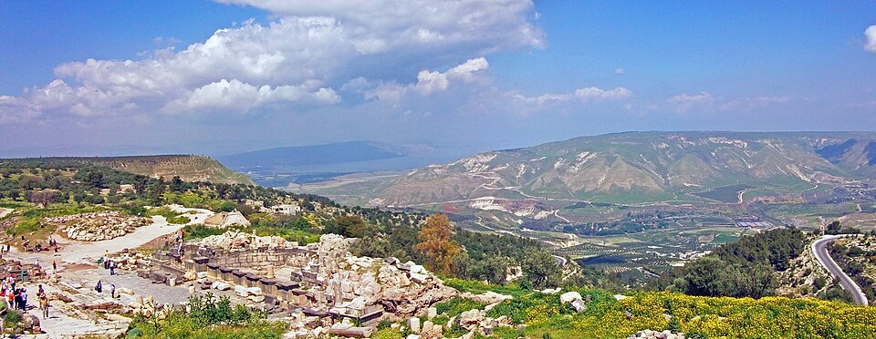 Sea of Galilee and southern Golan Heights, viewed from Umm Qais and the ruins of Gadara in Jordan