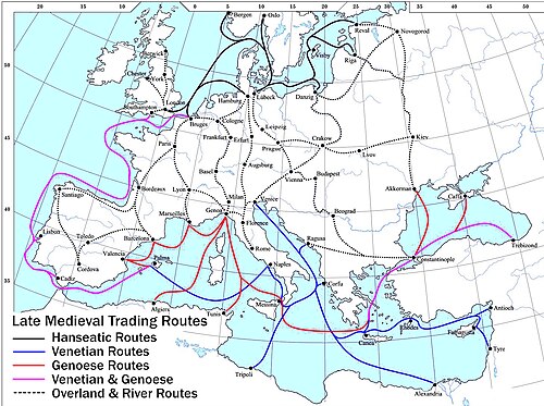 A map showing the main trade routes for goods within late medieval Europe