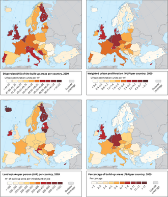 Measures for urban sprawl in Europe: upper left the Dispersion of the built-up area (DIS), upper right the weighted urban proliferation (WUP)