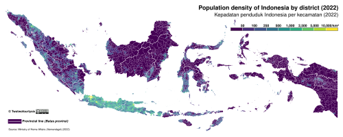 A map of districts (kecamatan) coloured by population density, measured in people per square kilometre
