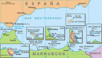 Spain's Plazas de soberanía in North Africa. The Islas Chafarinas are on the right.