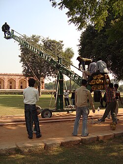 Shooting a film from crane