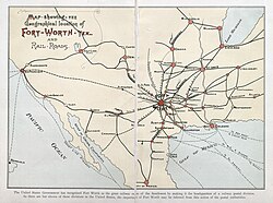 Map – showing – the Geographical location of Fort-Worth, Tex., and Rail-Roads, 1888