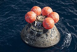 Orion capsule shortly after splashdown in the Pacific Ocean on December 11, 2022.