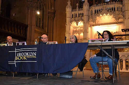 Lebowitz (right) with Harold Augenbraum, Wallace Shawn and Deborah Eisenberg during a panel discussion at the 2011 Brooklyn Book Festival. Since the 1980s, Lebowitz has largely supported herself with speaking engagements.