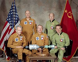 The American and Soviet crews of the 1975 Apollo–Soyuz mission