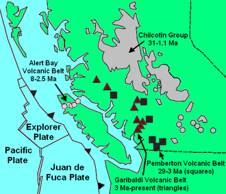 Map showing geological formations related to the Canadian Cascade Arc