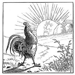 A rooster crowing at sunrise, ending the morning watch