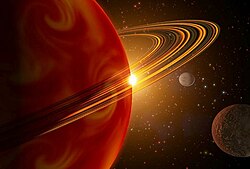 An artist's conception of 79 Ceti b, the first extrasolar giant planet found with a minimum mass less than Saturn.