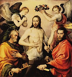A painting of Risen Jesus Christ surrounded by Ss. Peter and Paul and two angels