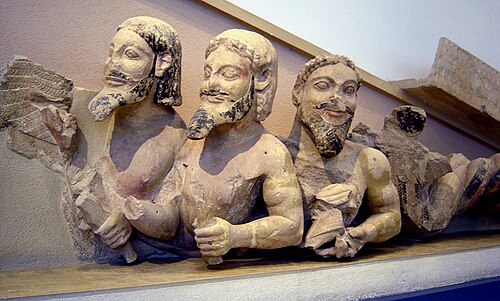 The three-bodied daemon, perhaps Typhon. Acropolis Museum, Greece.