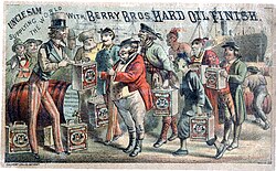 Calvert Lithographic Company, Detroit, MI. Uncle Sam Supplying the World with Berry Brothers Hard Oil Finish, c. 1880. Noel Wisdom Chromolithograph Collection, Special Collections Department, the University of South Florida Tampa Library.