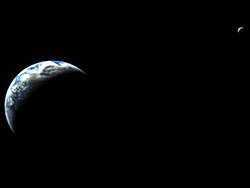 This image of the Earth and Moon was the first picture taken by the Nozomi camera.[citation needed]