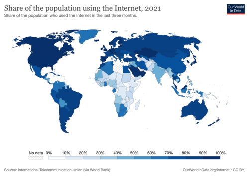 Internet users in 2021 as a percentage of a country's populationSource: Our World in Data.