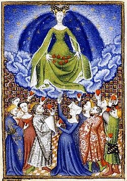 Medieval representation of Venus, sitting on a rainbow, with her devotees who offer their hearts to her, 15th century.