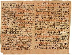 The Edwin Smith surgical papyrus describes anatomy and medical treatments, written in hieratic, c. 1550 BC.