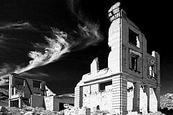 Ruined concrete facade of the Cook Bank building in Rhyolite, Nevada