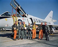 Mercury Seven astronauts (L to R): Scott Carpenter, Gordon Cooper, John Glenn, Grissom, Schirra, Shepard, and Slayton