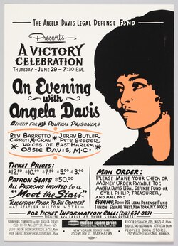 Flyer advertising a celebrity fundraiser for Davis's legal defense, featuring Ray Barretto, Jerry Butler, Carmen McRae, Pete Seeger, the Voices of East Harlem, and Ossie Davis