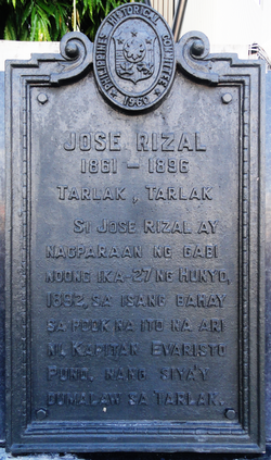 Historical marker of José Rizal's stay in "Tarlak" in 1892