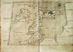 A 1490 Italian reconstruction of the relevant map of Ptolemy who combined the lines of roads and of the coasting expeditions during the first century of Roman occupation. Two great faults, however, are an eastward-projecting Scotland and none of Ireland seen to be at the same latitude of Wales, which may have been if Ptolemy used Pytheas' measurements of latitude.[28] Whether he did so is a much debated issue. This "copy" appears in blue below.