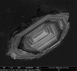 SEM-CL image of Zircon grain showing zonations and poly-cycles (core-rim structure)