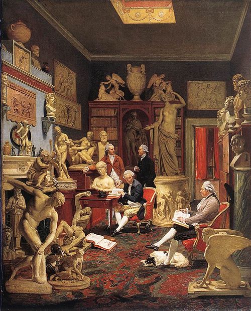 Charles Townley in the Park St. Gallery by Zoffany, 1782, Burnley. Top, on the bookcase, the Townley Vase. Right, on a puteal (wellhead), the Townley Venus.