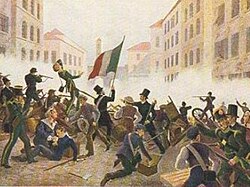 A popular print depicting the "Five Days of Milan" (18–22 March 1848) uprising against Austrian rule