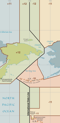 Although entirely east of the International Date Line (the triangular kink in the line was agreed upon the U.S. acquisition of Alaska), the Aleutian Islands cross the 180th meridian, such that they contain both the westernmost (Amatignak) and the easternmost (Semisopochnoi.) points in the United States.