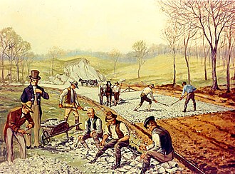 A painting by Rakeman, that depicts the construction of the first macadamized road in the United States (1823). In the foreground, workers are breaking stones "so as not to exceed 6 ounces [170 g] in weight or to pass a two-inch [5 cm] ring".[2]
