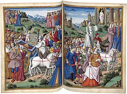 Two of the triumphal cars, carrying Chastity and Love, from a lavish illuminated manuscript (early 16th century) of Petrach's Triomphi